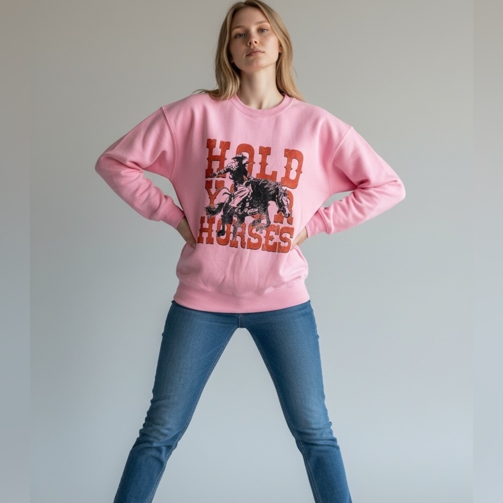 Hold Your Horses Pink Cowgirl Western Graphic Sweatshirt L - Picture 3 of 3